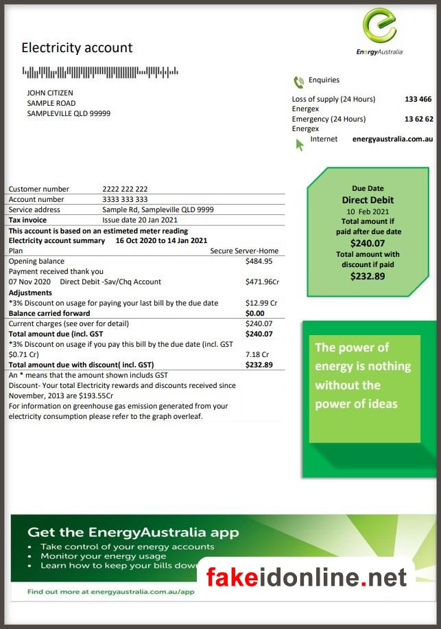Australia Utility Bill PSD Template - Australia Proof of Address